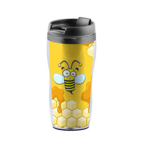 Термокружка-непроливайка с принтом Пчелка в Курске, внутренняя часть — пищевой пластик, наружная часть — прозрачный пластик, между ними — полиграфическая вставка с рисунком | объем — 350 мл, герметичная крышка | животные | лето | мед | насекомые | природа | пчела | пчелка | соты