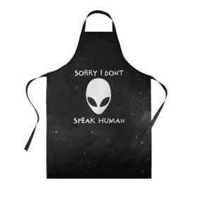 Фартук 3D с принтом Sorry, I Dont Speak Human в Курске, 100% полиэстер | общий размер — 65 х 85 см, ширина нагрудника — 26 см, горловина — 53 см, длина завязок — 54 см, общий обхват в поясе — 173 см. Принт на завязках и на горловине наносится с двух сторон, на основной части фартука — только с внешней стороны | Тематика изображения на принте: голова | извините | инопланетянин | космос | нло | человек | я не говорю