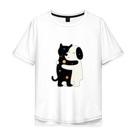 Мужская футболка хлопок Oversize с принтом Обнимашки в Курске, 100% хлопок | свободный крой, круглый ворот, “спинка” длиннее передней части | cat | в горох | космический | космос | кот | кошка | любовь | милый | пес | собака