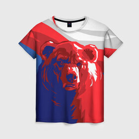 Женская футболка 3D с принтом Российский медведь в Курске, 100% полиэфир ( синтетическое хлопкоподобное полотно) | прямой крой, круглый вырез горловины, длина до линии бедер | russia | russian bear | патриот | родина | россия | русский медведь | триколор
