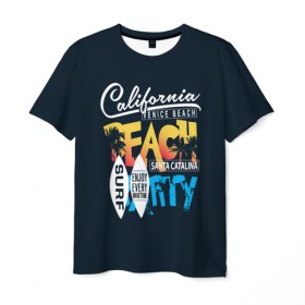 Мужская футболка 3D с принтом Калифорния в Курске, 100% полиэфир | прямой крой, круглый вырез горловины, длина до линии бедер | Тематика изображения на принте: california | party | surf | surfing | usa | вечеринка | калифорния | летние | лето | море | надписи | океан | пляж | с надписями | серф | серфинг | сша