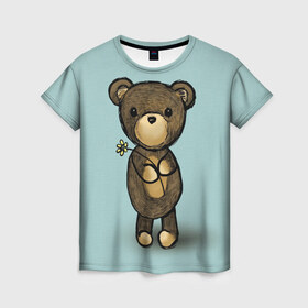 Женская футболка 3D с принтом Мишка в Курске, 100% полиэфир ( синтетическое хлопкоподобное полотно) | прямой крой, круглый вырез горловины, длина до линии бедер | девушкам | животные | игрушка | медведь | миша | мишка | плюшевый | цветок