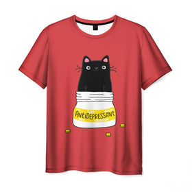 Мужская футболка 3D с принтом Аntidepressant в Курске, 100% полиэфир | прямой крой, круглый вырез горловины, длина до линии бедер | antidepressant | cat | кот | коты | кошка | милый | с котами | с надписью | с приколом | черный кот