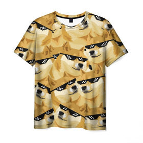 Мужская футболка 3D с принтом Doge мем в deal with it очках в Курске, 100% полиэфир | прямой крой, круглый вырез горловины, длина до линии бедер | deal with it очки | doge | meme | мем | мемы | сиба ину | сиба ину мем
