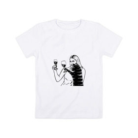 Детская футболка хлопок с принтом Котик и Вино в Курске, 100% хлопок | круглый вырез горловины, полуприлегающий силуэт, длина до линии бедер | винчик | выпьем за любовь | женщина | кот
