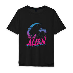 Мужская футболка хлопок Oversize с принтом Alien 80 в Курске, 100% хлопок | свободный крой, круглый ворот, “спинка” длиннее передней части | Тематика изображения на принте: 80е | alien | вэйв | мода | ретро | ридли | скотт | хищник | чужой