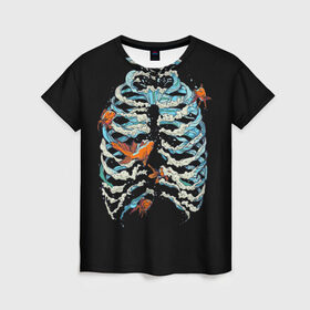Женская футболка 3D с принтом Ребра из Воды в Курске, 100% полиэфир ( синтетическое хлопкоподобное полотно) | прямой крой, круглый вырез горловины, длина до линии бедер | анатомия | вода | океан | рыбы | скелет