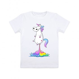 Детская футболка хлопок с принтом Единорог радуга в Курске, 100% хлопок | круглый вырез горловины, полуприлегающий силуэт, длина до линии бедер | Тематика изображения на принте: rainbow | unicorn | радужный