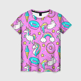 Женская футболка 3D с принтом Котики и Единороги в Курске, 100% полиэфир ( синтетическое хлопкоподобное полотно) | прямой крой, круглый вырез горловины, длина до линии бедер | единорог | мороженое | пони | пончики | радуга | розовый