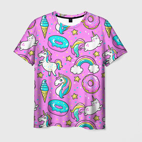 Мужская футболка 3D с принтом Котики и Единороги в Курске, 100% полиэфир | прямой крой, круглый вырез горловины, длина до линии бедер | единорог | мороженое | пони | пончики | радуга | розовый