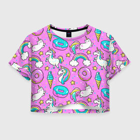 Женская футболка 3D укороченная с принтом Котики и Единороги в Курске, 100% полиэстер | круглая горловина, длина футболки до линии талии, рукава с отворотами | единорог | мороженое | пони | пончики | радуга | розовый
