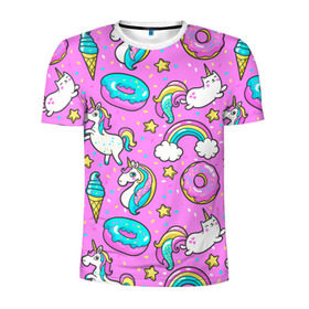Мужская футболка 3D спортивная с принтом Котики и Единороги в Курске, 100% полиэстер с улучшенными характеристиками | приталенный силуэт, круглая горловина, широкие плечи, сужается к линии бедра | единорог | мороженое | пони | пончики | радуга | розовый