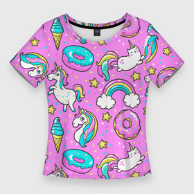 Женская футболка 3D Slim с принтом Котики и Единороги в Курске,  |  | единорог | мороженое | пони | пончики | радуга | розовый