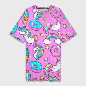 Платье-футболка 3D с принтом Котики и Единороги в Курске,  |  | единорог | мороженое | пони | пончики | радуга | розовый