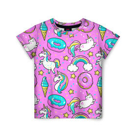 Детская футболка 3D с принтом Котики и Единороги в Курске, 100% гипоаллергенный полиэфир | прямой крой, круглый вырез горловины, длина до линии бедер, чуть спущенное плечо, ткань немного тянется | единорог | мороженое | пони | пончики | радуга | розовый