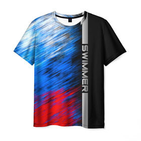 Мужская футболка 3D с принтом Swimmer в Курске, 100% полиэфир | прямой крой, круглый вырез горловины, длина до линии бедер | линии | пловец | пловчиха | полосы | россия | рф | флаг