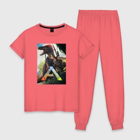 Женская пижама хлопок с принтом Ark Survival Evolved в Курске, 100% хлопок | брюки и футболка прямого кроя, без карманов, на брюках мягкая резинка на поясе и по низу штанин | арк