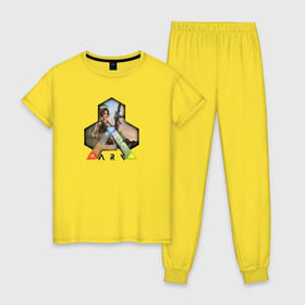 Женская пижама хлопок с принтом Ark Survival Evolved в Курске, 100% хлопок | брюки и футболка прямого кроя, без карманов, на брюках мягкая резинка на поясе и по низу штанин | арк