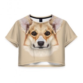 Женская футболка 3D укороченная с принтом Pembroke в Курске, 100% полиэстер | круглая горловина, длина футболки до линии талии, рукава с отворотами | голова | пемброк | собака