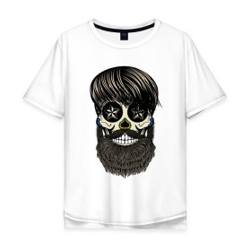 Мужская футболка хлопок Oversize с принтом Сахарный череп с бородой в Курске, 100% хлопок | свободный крой, круглый ворот, “спинка” длиннее передней части | бородатый | день мертвых | сахарный череп | хелловин | хипстер