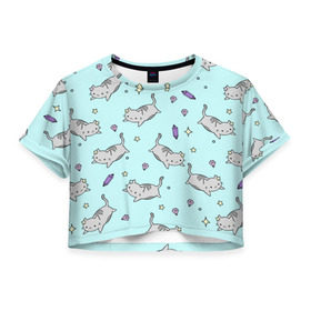 Женская футболка 3D укороченная с принтом Кавайные котики в Курске, 100% полиэстер | круглая горловина, длина футболки до линии талии, рукава с отворотами | Тематика изображения на принте: animal | cat | cute | kitty | meow | pet | животное | кот | котенок | котики | мяу