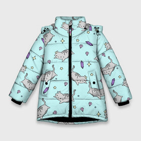 Зимняя куртка для девочек 3D с принтом Кавайные котики в Курске, ткань верха — 100% полиэстер; подклад — 100% полиэстер, утеплитель — 100% полиэстер. | длина ниже бедра, удлиненная спинка, воротник стойка и отстегивающийся капюшон. Есть боковые карманы с листочкой на кнопках, утяжки по низу изделия и внутренний карман на молнии. 

Предусмотрены светоотражающий принт на спинке, радужный светоотражающий элемент на пуллере молнии и на резинке для утяжки. | Тематика изображения на принте: animal | cat | cute | kitty | meow | pet | животное | кот | котенок | котики | мяу