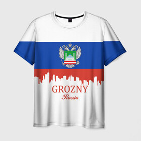 Мужская футболка 3D с принтом GROZNY (Грозный) в Курске, 100% полиэфир | прямой крой, круглый вырез горловины, длина до линии бедер | chechnya | grozny | герб | город | грозный | кавказ | кавказец | кадыров | надпись | патриот | республика | северный | флаг | флага | цвета | чех | чечен | чеченец | чеченка | чеченская | чечня