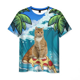 Мужская футболка 3D с принтом Сёрфинг на Пицце в Курске, 100% полиэфир | прямой крой, круглый вырез горловины, длина до линии бедер | Тематика изображения на принте: cat | palm | pizza | surfing | wave | волна | животное | кот | пальмы | пицца | серфинг