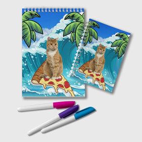 Блокнот с принтом Сёрфинг на Пицце в Курске, 100% бумага | 48 листов, плотность листов — 60 г/м2, плотность картонной обложки — 250 г/м2. Листы скреплены удобной пружинной спиралью. Цвет линий — светло-серый
 | cat | palm | pizza | surfing | wave | волна | животное | кот | пальмы | пицца | серфинг
