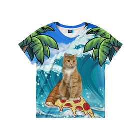 Детская футболка 3D с принтом Сёрфинг на Пицце в Курске, 100% гипоаллергенный полиэфир | прямой крой, круглый вырез горловины, длина до линии бедер, чуть спущенное плечо, ткань немного тянется | cat | palm | pizza | surfing | wave | волна | животное | кот | пальмы | пицца | серфинг