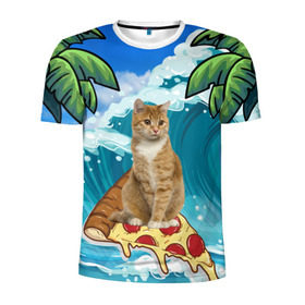 Мужская футболка 3D спортивная с принтом Сёрфинг на Пицце в Курске, 100% полиэстер с улучшенными характеристиками | приталенный силуэт, круглая горловина, широкие плечи, сужается к линии бедра | cat | palm | pizza | surfing | wave | волна | животное | кот | пальмы | пицца | серфинг