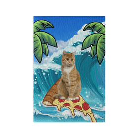 Обложка для паспорта матовая кожа с принтом Сёрфинг на Пицце в Курске, натуральная матовая кожа | размер 19,3 х 13,7 см; прозрачные пластиковые крепления | Тематика изображения на принте: cat | palm | pizza | surfing | wave | волна | животное | кот | пальмы | пицца | серфинг