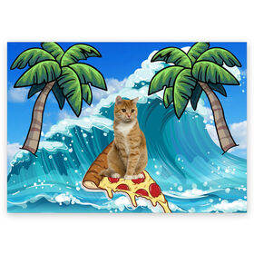 Поздравительная открытка с принтом Сёрфинг на Пицце в Курске, 100% бумага | плотность бумаги 280 г/м2, матовая, на обратной стороне линовка и место для марки
 | cat | palm | pizza | surfing | wave | волна | животное | кот | пальмы | пицца | серфинг