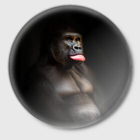 Значок с принтом Горилла в Курске,  металл | круглая форма, металлическая застежка в виде булавки | горилла | животные | обезьяна | прикол | природа | смешно | юмор | язык