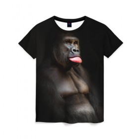 Женская футболка 3D с принтом Горилла в Курске, 100% полиэфир ( синтетическое хлопкоподобное полотно) | прямой крой, круглый вырез горловины, длина до линии бедер | горилла | животные | обезьяна | прикол | природа | смешно | юмор | язык
