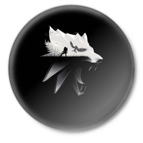 Значок с принтом Волк в Курске,  металл | круглая форма, металлическая застежка в виде булавки | gerald | wild hunt | witcher | wolf | ведьмак | волк | дикая охота
