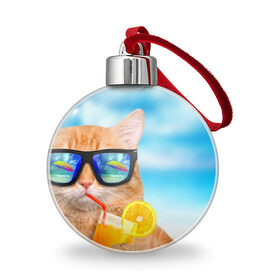 Ёлочный шар с принтом Кот на пляже в Курске, Пластик | Диаметр: 77 мм | Тематика изображения на принте: summer | апельсиновый сок | кот | кот на пляже | коте | котик | котэ | котяра | лето | море | небо | отдых | очки | пляже