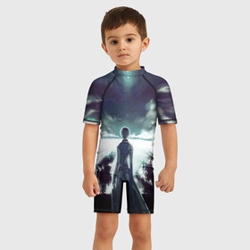 Детский купальный костюм 3D с принтом Ken Kaneki смотрит в даль в Курске, Полиэстер 85%, Спандекс 15% | застежка на молнии на спине | anime | ghoul | tokyo | tokyo ghoul | гуль | канеки | кен