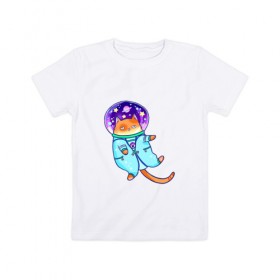 Детская футболка хлопок с принтом Кот и космос в Курске, 100% хлопок | круглый вырез горловины, полуприлегающий силуэт, длина до линии бедер | Тематика изображения на принте: звезды | космонавт | космос | кот