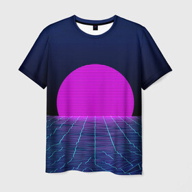 Мужская футболка 3D с принтом Солнце в Курске, 100% полиэфир | прямой крой, круглый вырез горловины, длина до линии бедер | 3d | cgi | digital art | music | retro | vaporwave | абстракция | вейпорвейв | геометрия | музыка | ретро