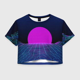 Женская футболка 3D укороченная с принтом Солнце в Курске, 100% полиэстер | круглая горловина, длина футболки до линии талии, рукава с отворотами | 3d | cgi | digital art | music | retro | vaporwave | абстракция | вейпорвейв | геометрия | музыка | ретро