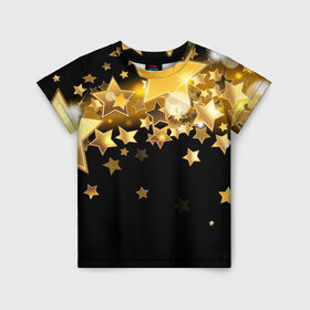Детская футболка 3D с принтом Золотые звездочки в Курске, 100% гипоаллергенный полиэфир | прямой крой, круглый вырез горловины, длина до линии бедер, чуть спущенное плечо, ткань немного тянется | 3d | звездочки | звезды | золото | золотые звездочки | картинка | черный фон