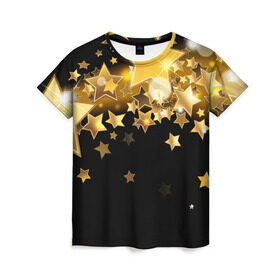 Женская футболка 3D с принтом Золотые звездочки в Курске, 100% полиэфир ( синтетическое хлопкоподобное полотно) | прямой крой, круглый вырез горловины, длина до линии бедер | 3d | звездочки | звезды | золото | золотые звездочки | картинка | черный фон