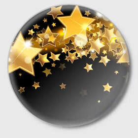 Значок с принтом Золотые звездочки в Курске,  металл | круглая форма, металлическая застежка в виде булавки | 3d | звездочки | звезды | золото | золотые звездочки | картинка | черный фон
