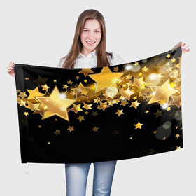 Флаг 3D с принтом Золотые звездочки в Курске, 100% полиэстер | плотность ткани — 95 г/м2, размер — 67 х 109 см. Принт наносится с одной стороны | 3d | звездочки | звезды | золото | золотые звездочки | картинка | черный фон