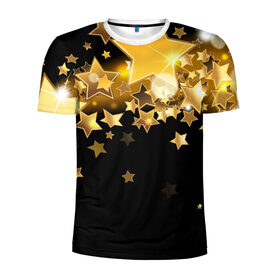 Мужская футболка 3D спортивная с принтом Золотые звездочки в Курске, 100% полиэстер с улучшенными характеристиками | приталенный силуэт, круглая горловина, широкие плечи, сужается к линии бедра | 3d | звездочки | звезды | золото | золотые звездочки | картинка | черный фон