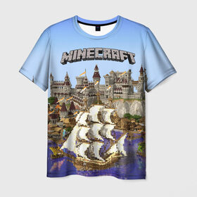 Мужская футболка 3D с принтом Корабль и замок в манкрафт. в Курске, 100% полиэфир | прямой крой, круглый вырез горловины, длина до линии бедер | minekraft | замок | корабль | майнкрафт | море | парусаminecraft
