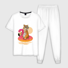 Мужская пижама хлопок с принтом Тигр в Курске, 100% хлопок | брюки и футболка прямого кроя, без карманов, на брюках мягкая резинка на поясе и по низу штанин
 | лето | пляж | солнце | тигр | фламинго
