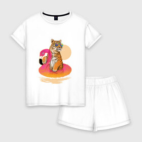 Женская пижама с шортиками хлопок с принтом Тигр в Курске, 100% хлопок | футболка прямого кроя, шорты свободные с широкой мягкой резинкой | лето | пляж | солнце | тигр | фламинго