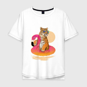 Мужская футболка хлопок Oversize с принтом Тигр в Курске, 100% хлопок | свободный крой, круглый ворот, “спинка” длиннее передней части | лето | пляж | солнце | тигр | фламинго